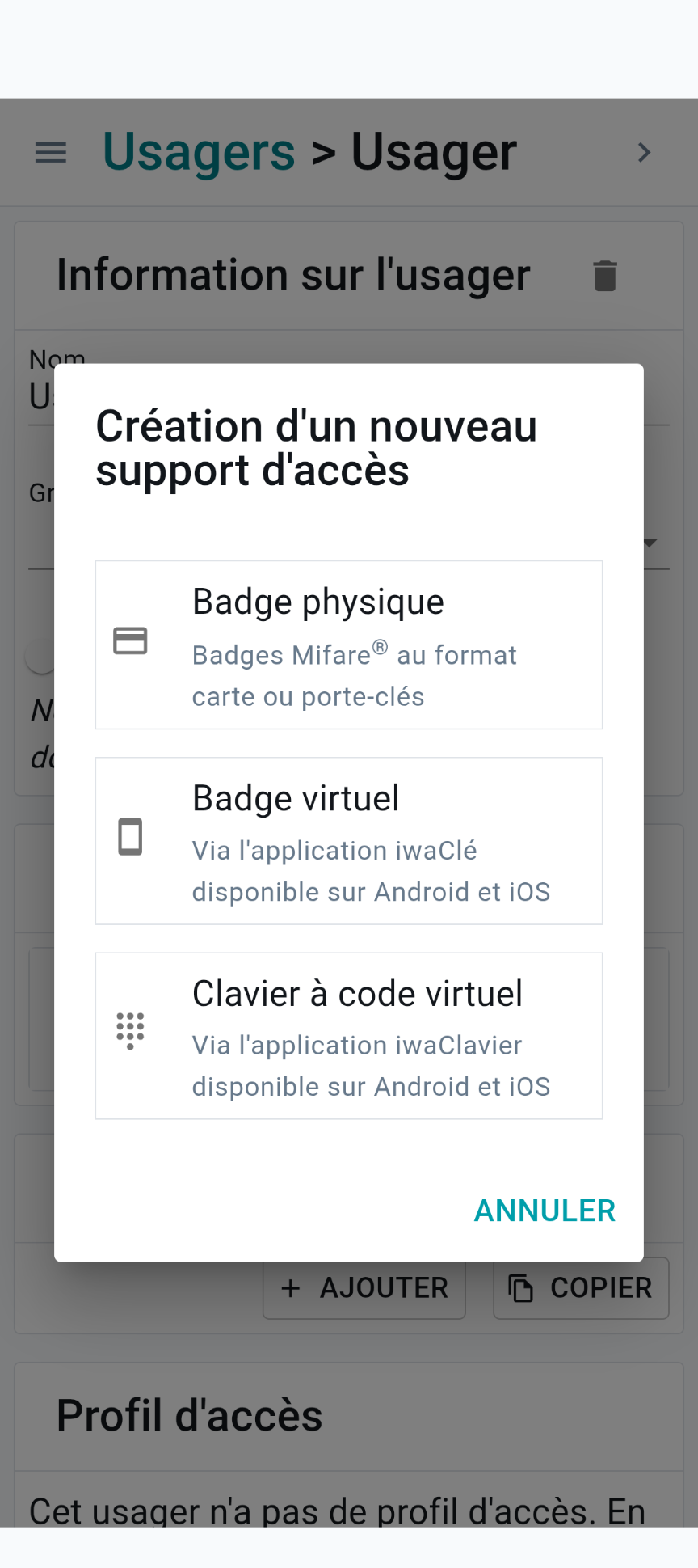 Iwagestion_créer un support dacces.png